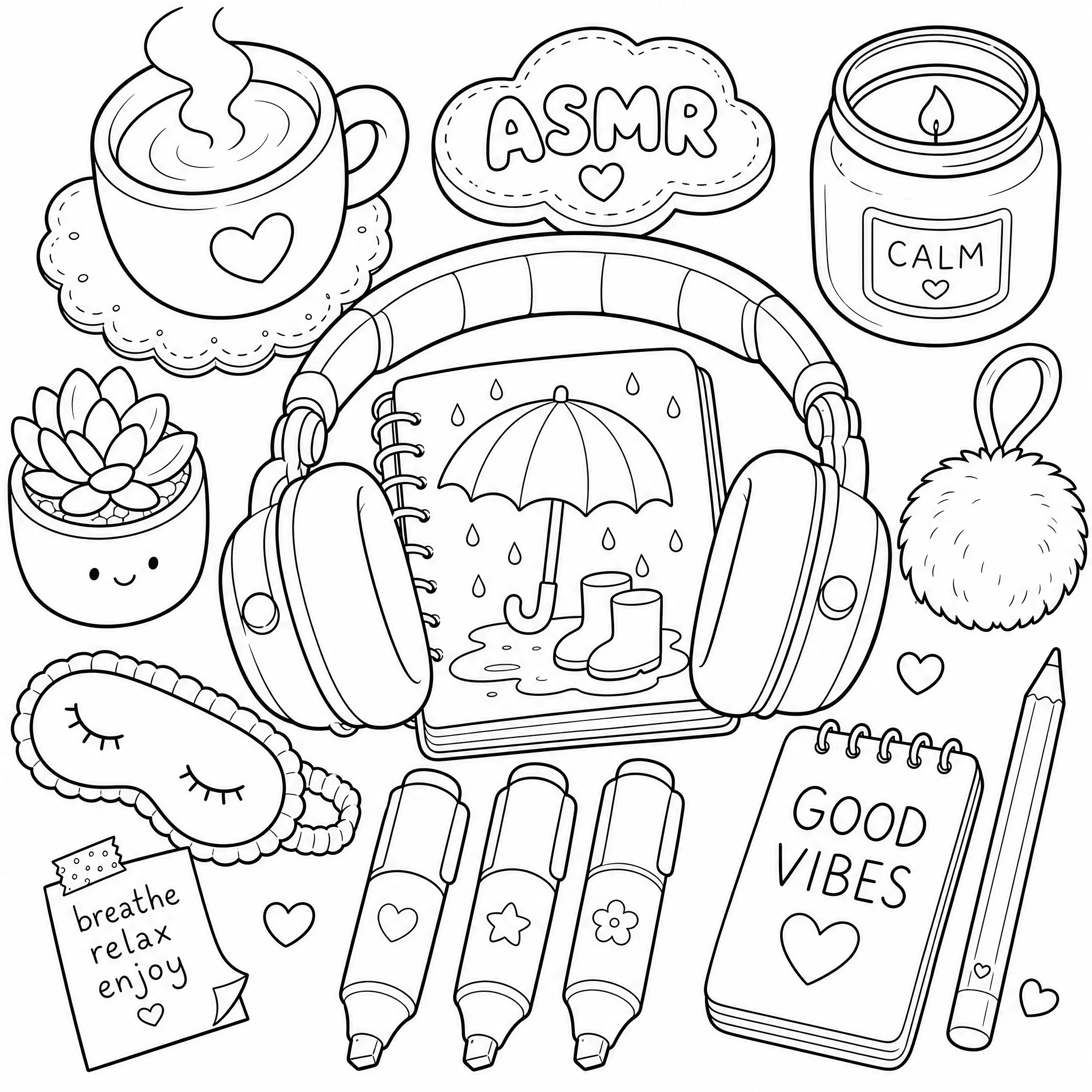 Bold and easy ASMR coloring essentials flat-lay page with headphones, teacup, markers, and open book