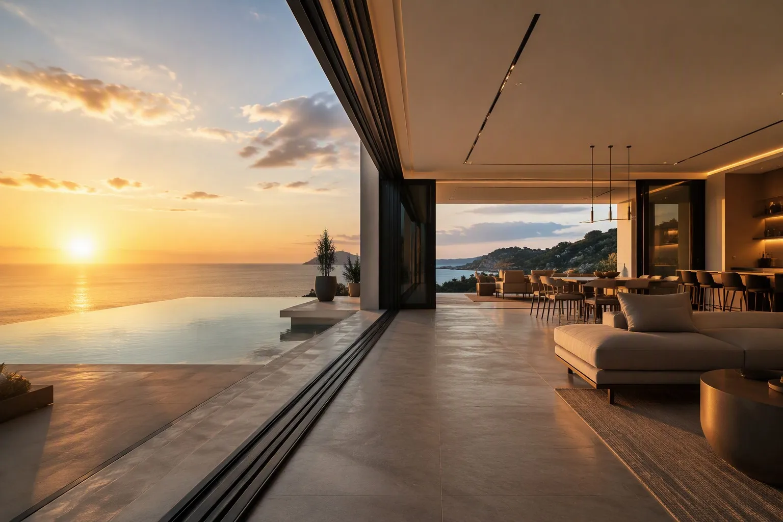Waterfront villa with floor-to-ceiling aluminum sliding doors infinity pool ocean sunset