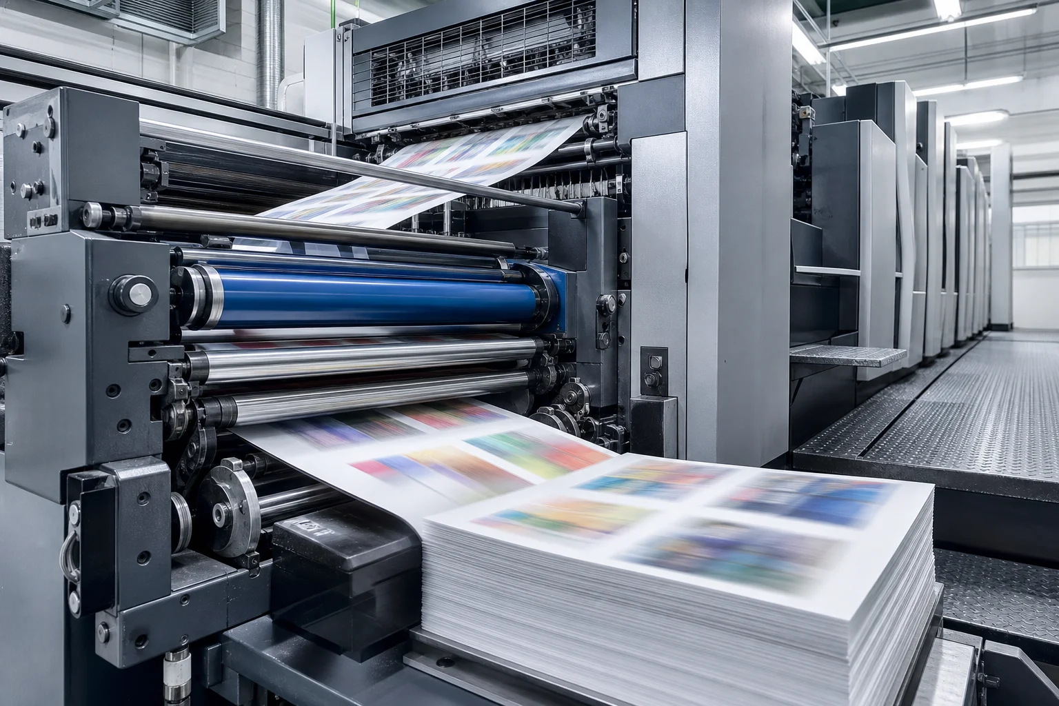 Offset printing press running at high speed - book printing production stage