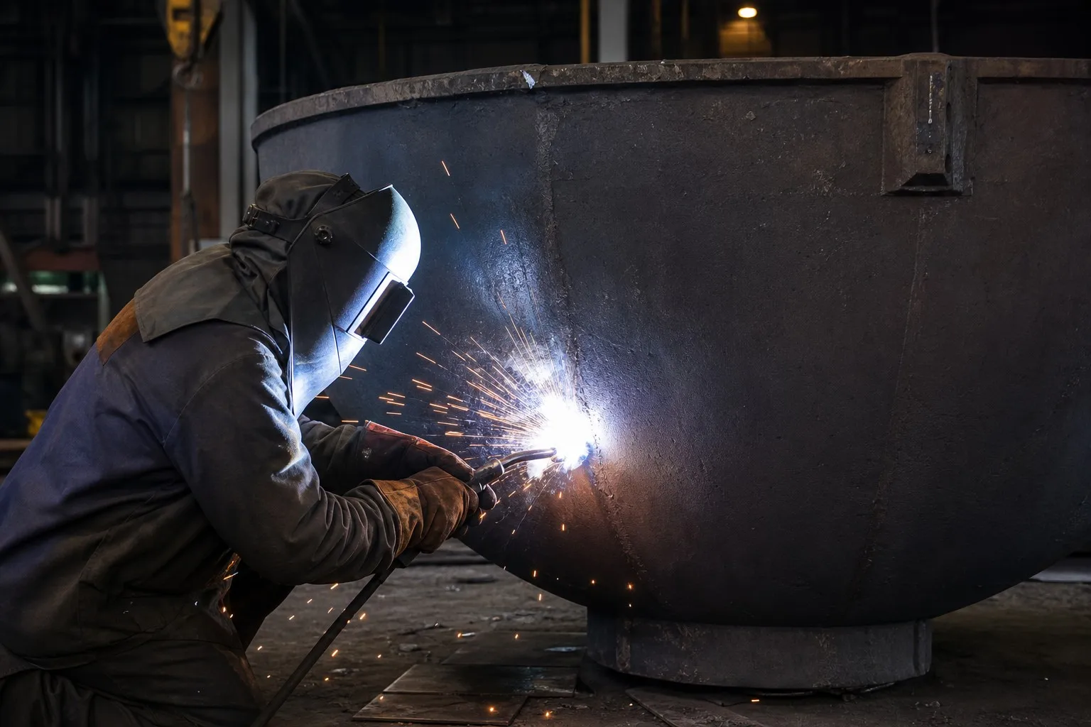 Welder performing weld repair on large steel slag pot with bright arc light