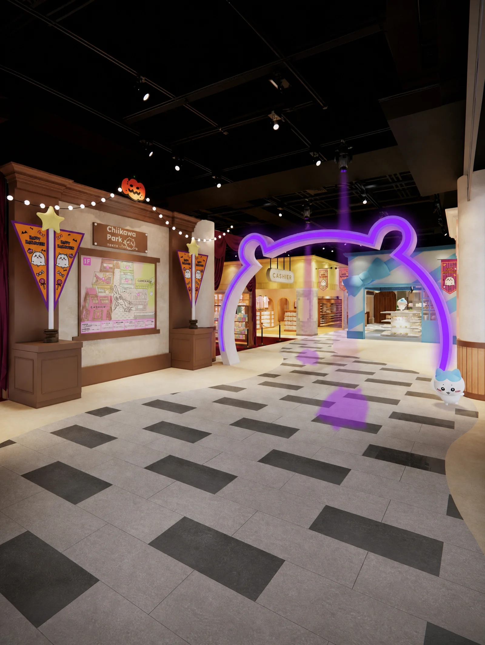 The first-floor merchandise area of Chiikawa Park decorated with Halloween pennants and a glow-in-the-dark arch