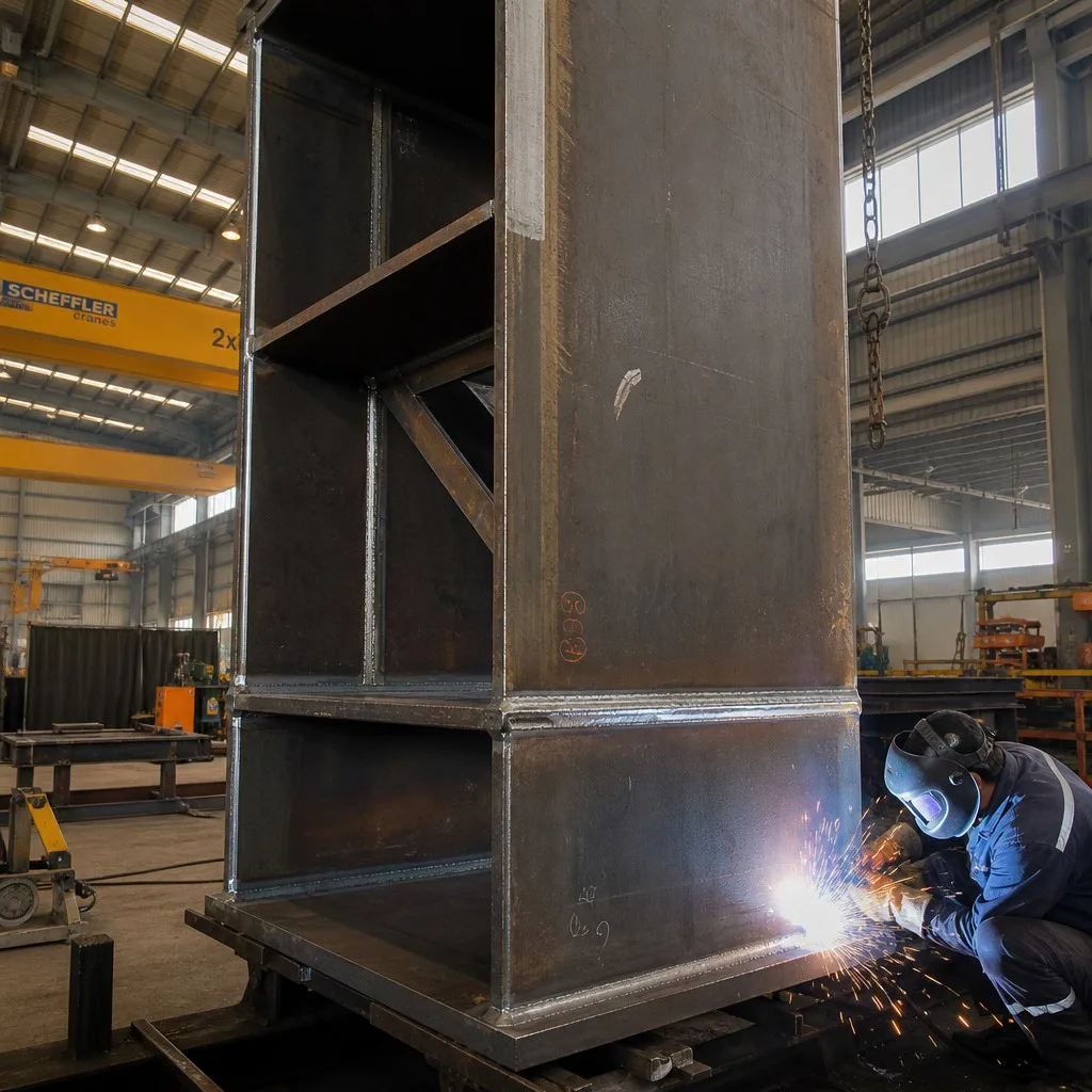 Fabrication of heavy-duty box-section columns in a professional workshop