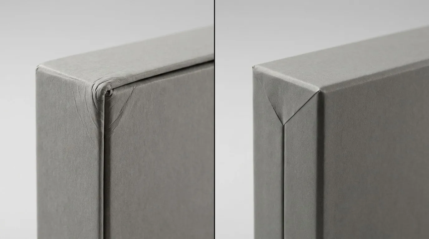 Macro comparison of a standard folded corner vs a precision V-Grooved 90-degree corner.