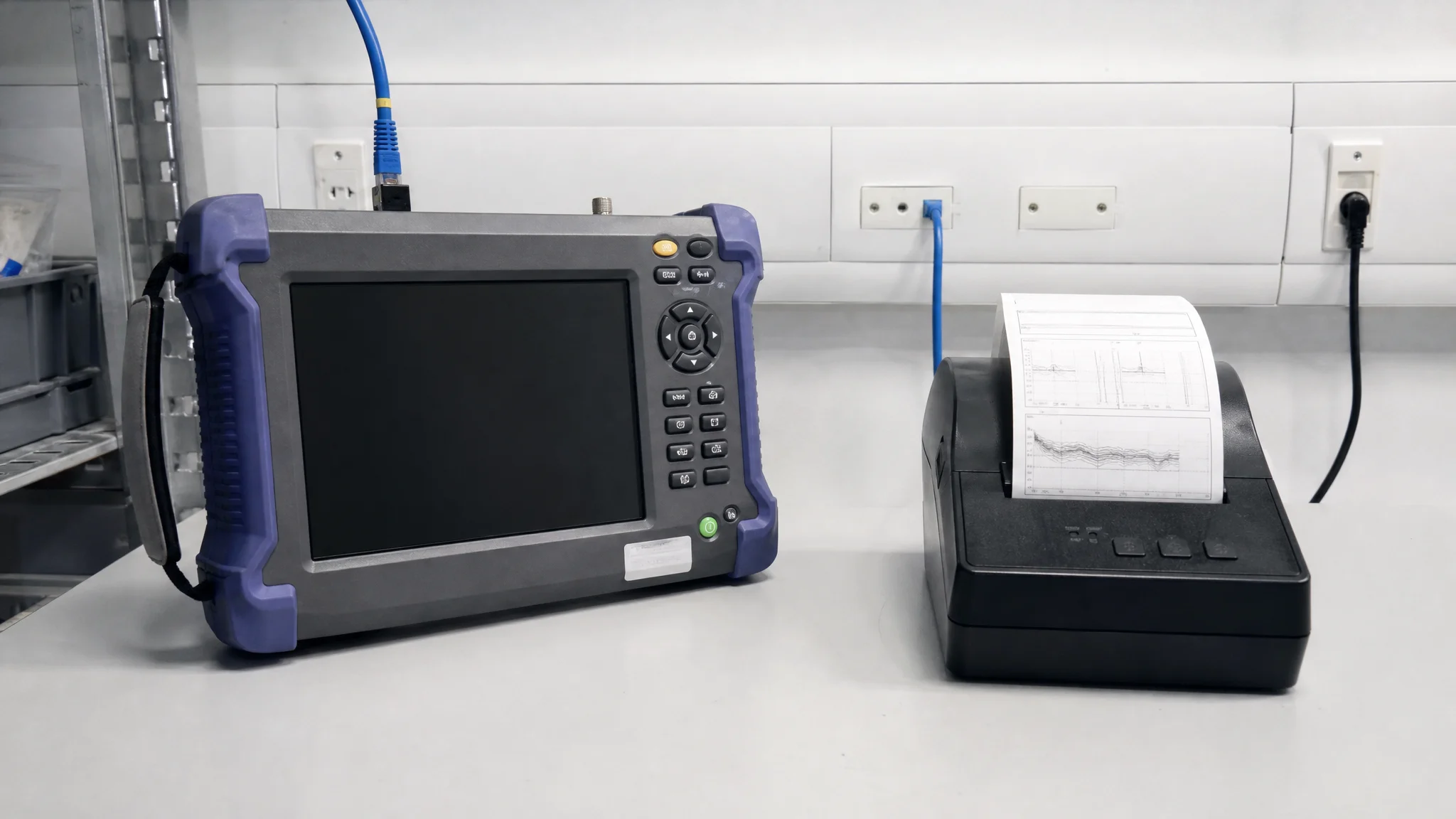 Cable analyzer printing a test report with a Cat6A link connected