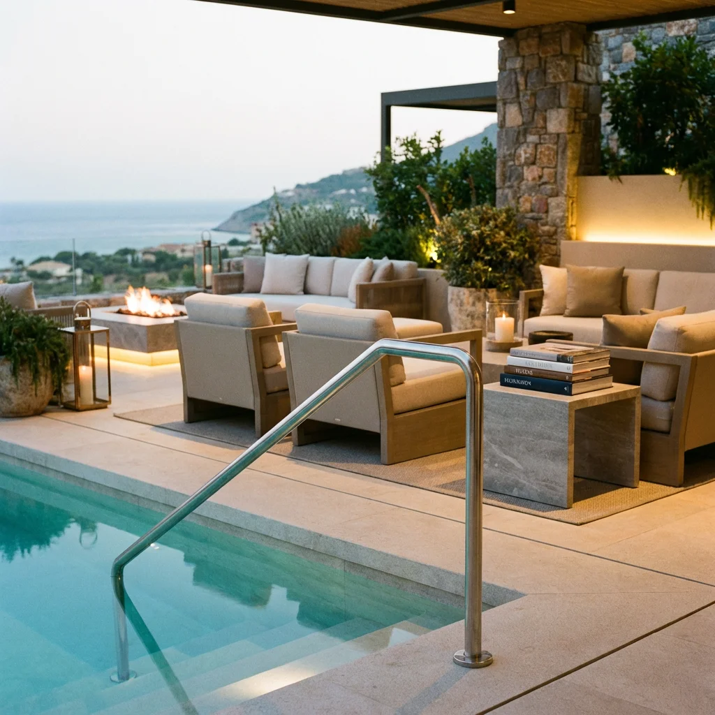High-end outdoor pool area with Helba accents