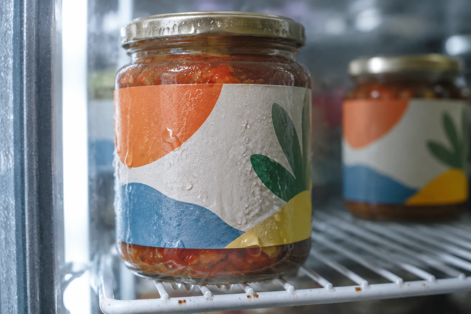 Close-up of a label on a chilled glass jar with condensation beading on the surface