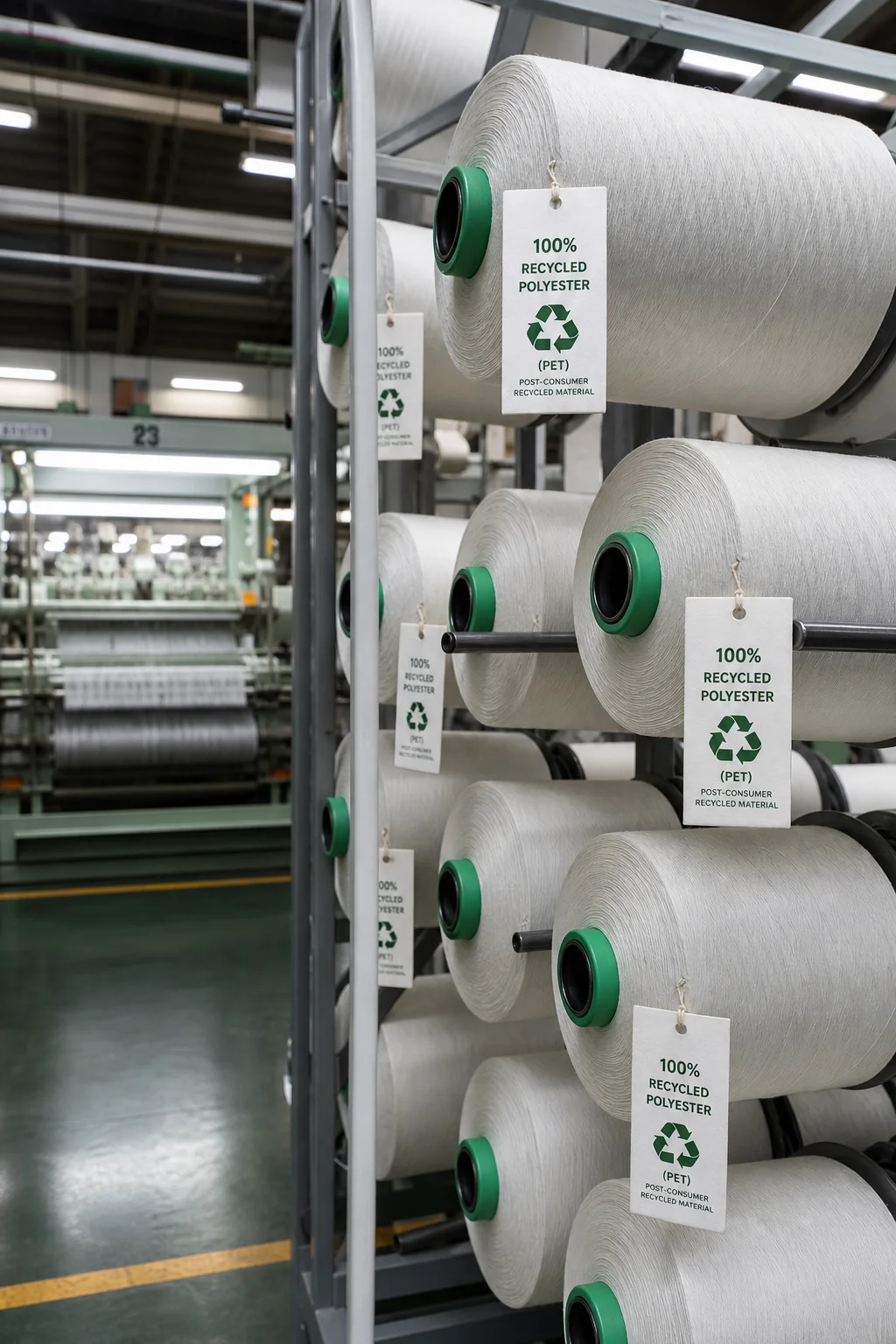 Recycled PET polyester yarn spools with recycled content certification labels in ribbon factory