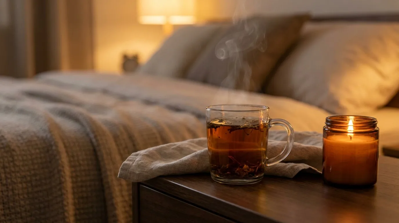 Bedtime warm tea relaxing ritual beside candle glow Bedtime warm tea relaxing ritual beside candle glow
