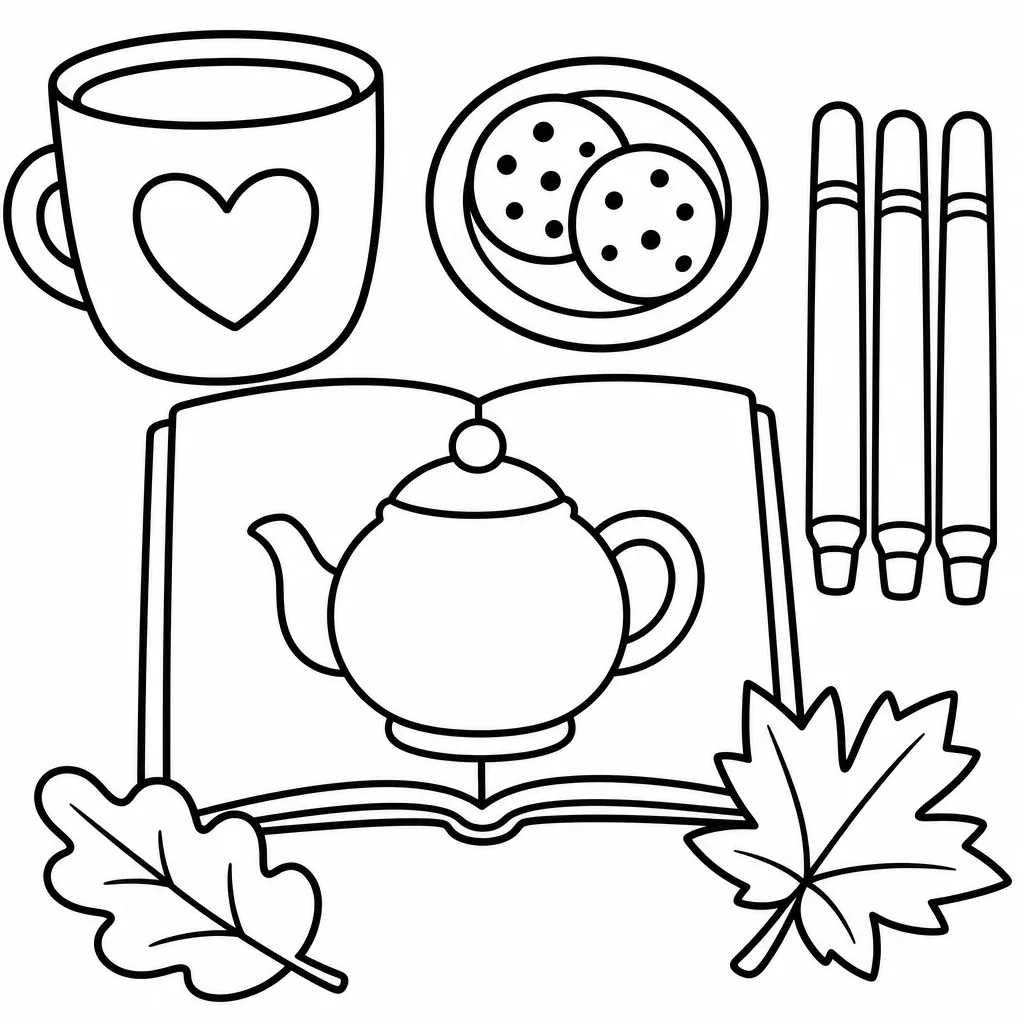 Bold & Easy line art flat-lay of winter tea time: open coloring book with teapot outline, heart mug, cookies, and chunky markers