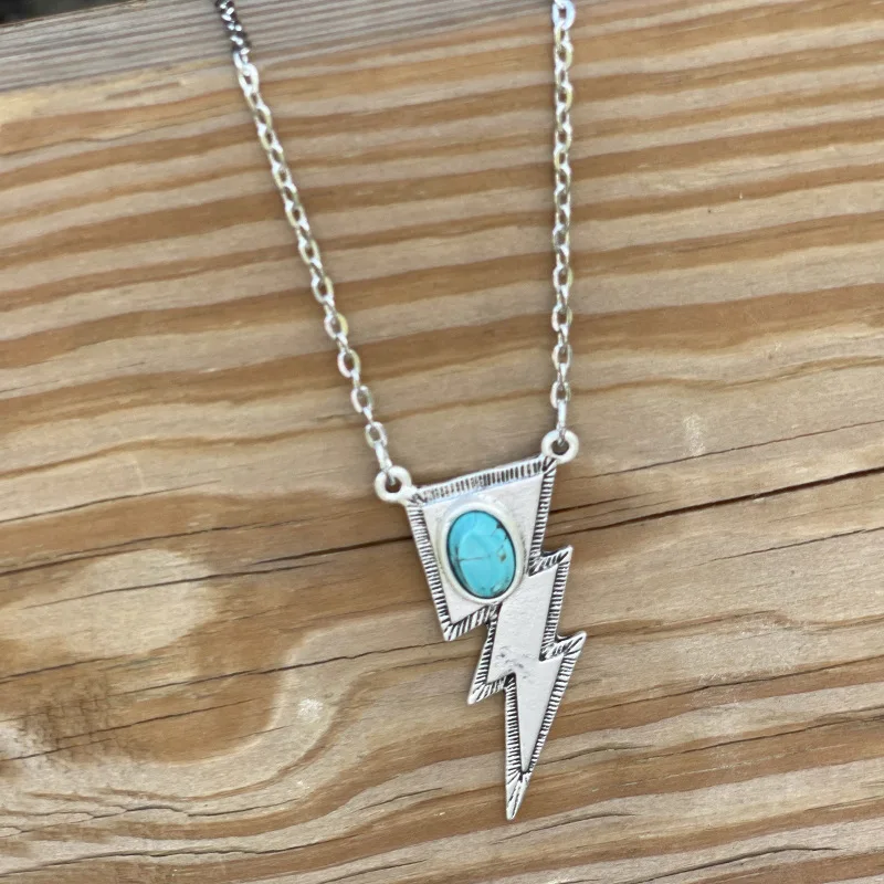 

Wofish WesternJewelry Silvertone Bolt Necklace with Turquoise Stone