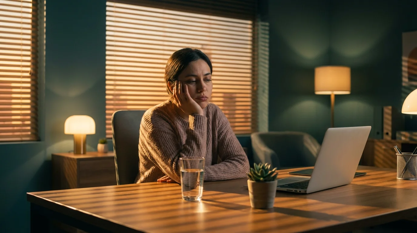 Person feeling afternoon energy crash at desk with golden sunlight