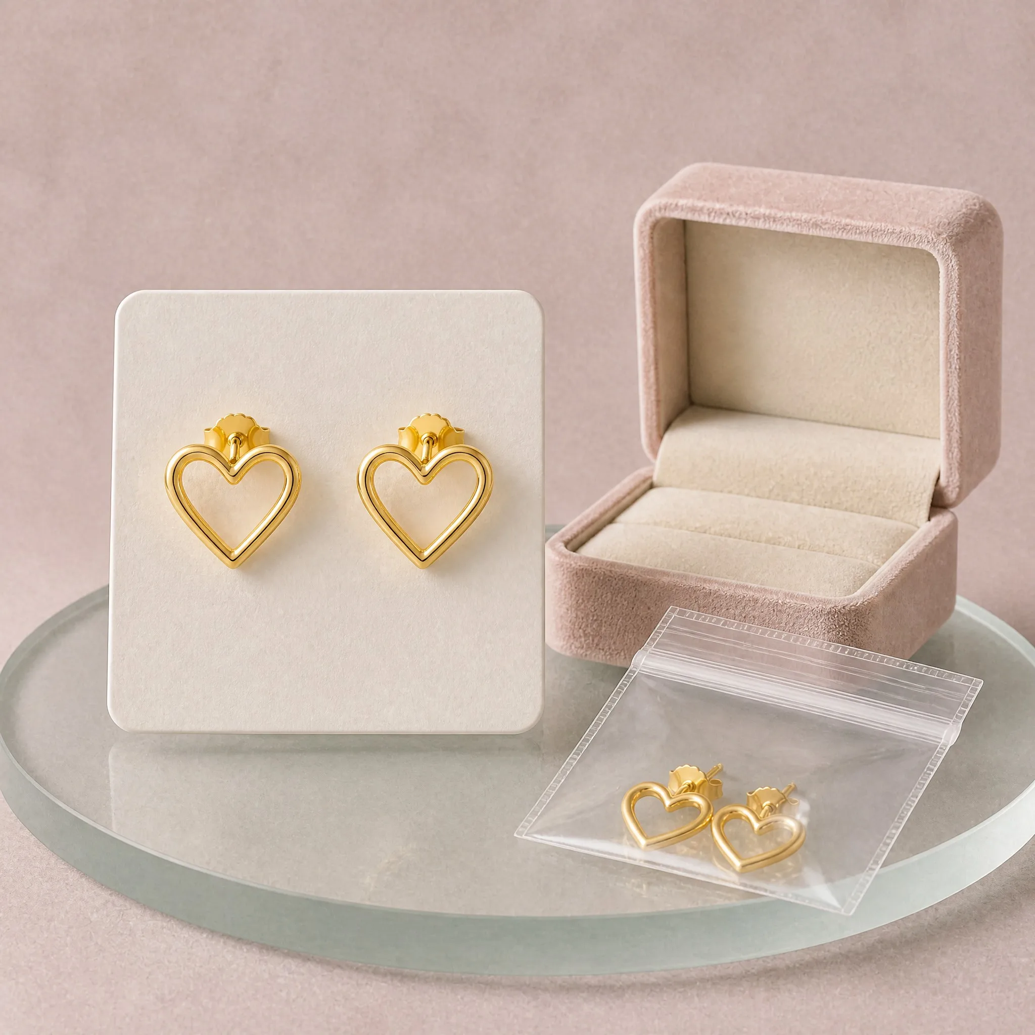 Gold heart earrings packaging and gift box