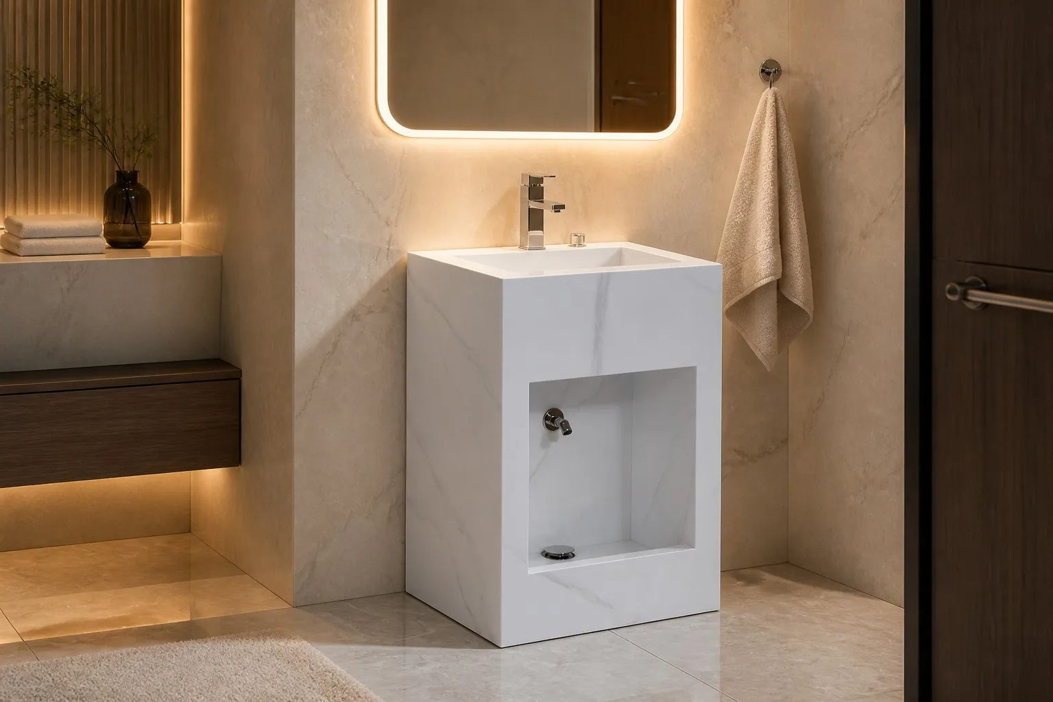 info-1-1 White sintered stone wudu basin in a premium hotel bathroom with marble wall and backlit mirror