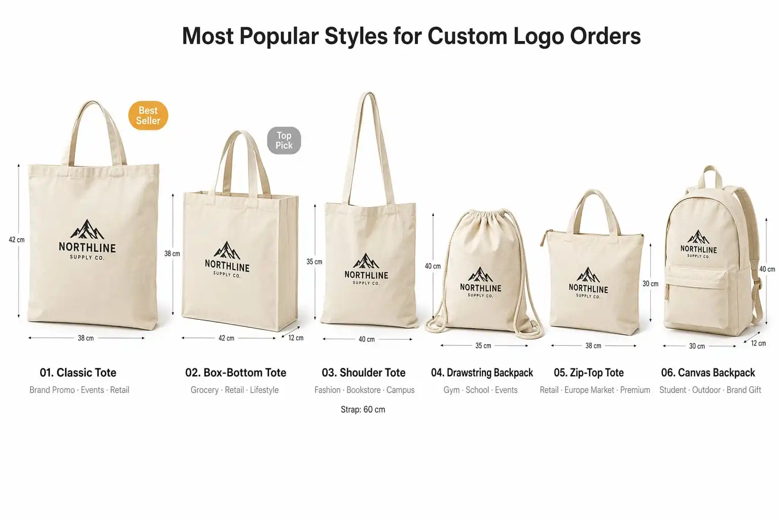 Six canvas bag styles: classic tote, box-bottom, shoulder tote, drawstring backpack, zip-top tote, canvas backpack