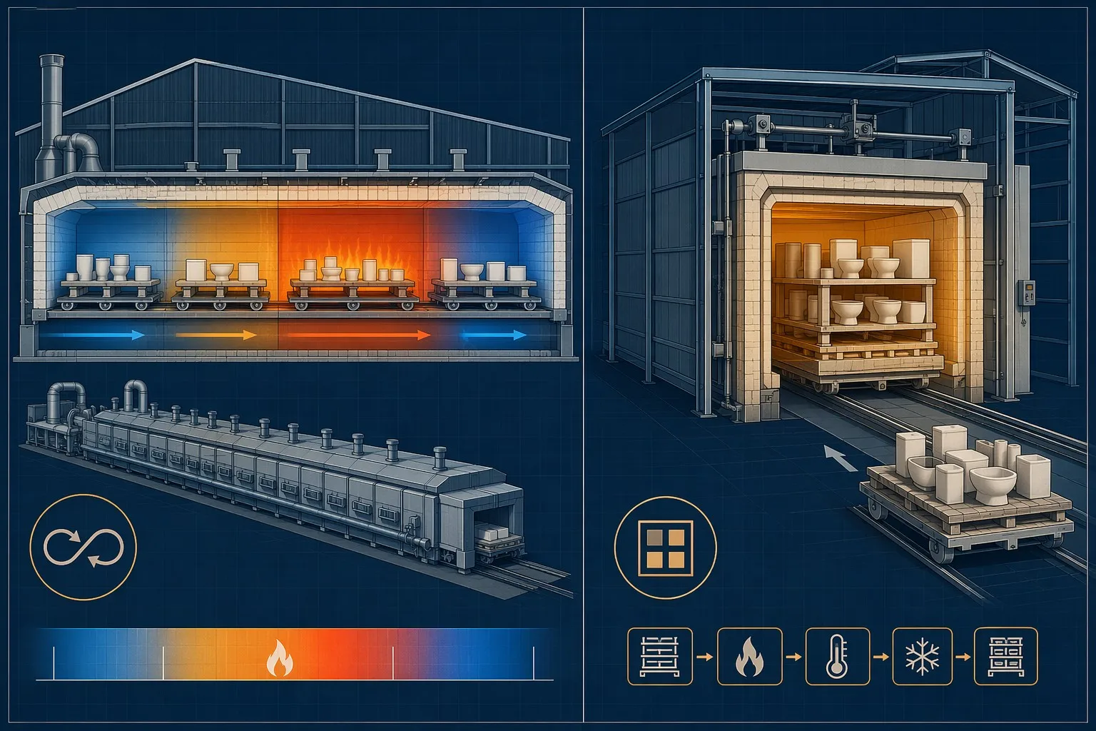Energy efficiency and temperature uniformity comparison between tunnel and shuttle kilns