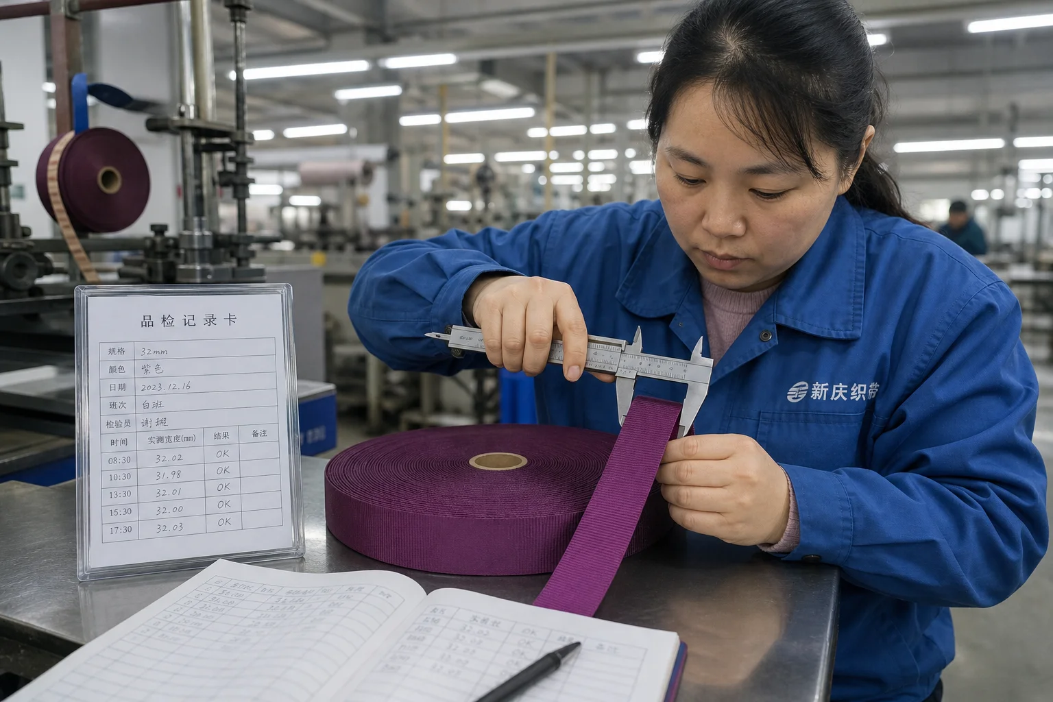 QC inspector measuring ribbon width with precision calliper at production workstation