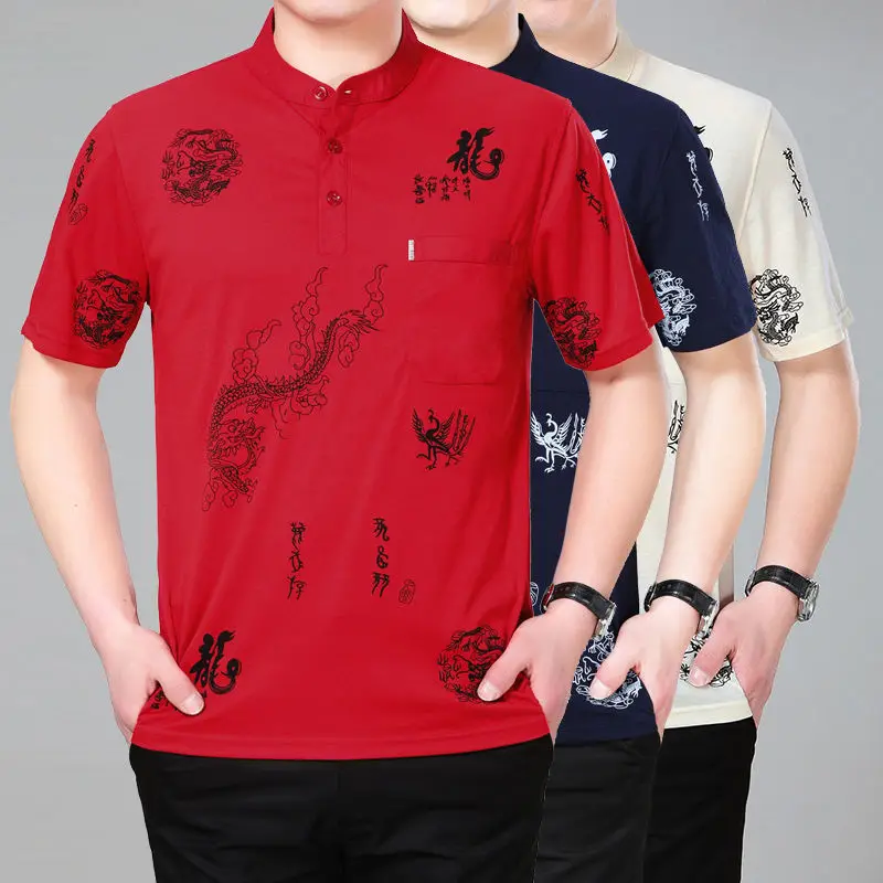 New Quality Soft Comfortable Loose Fit Chinese Hanfu Culture Dragon Print Short Sleeve Polo Shirt Costume for Men CTCS-003