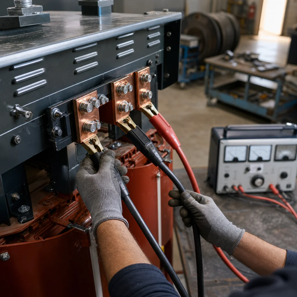 High-voltage test leads clamped to the copper low-voltage terminals of a dry type transformer during routine factory dielectric testing
