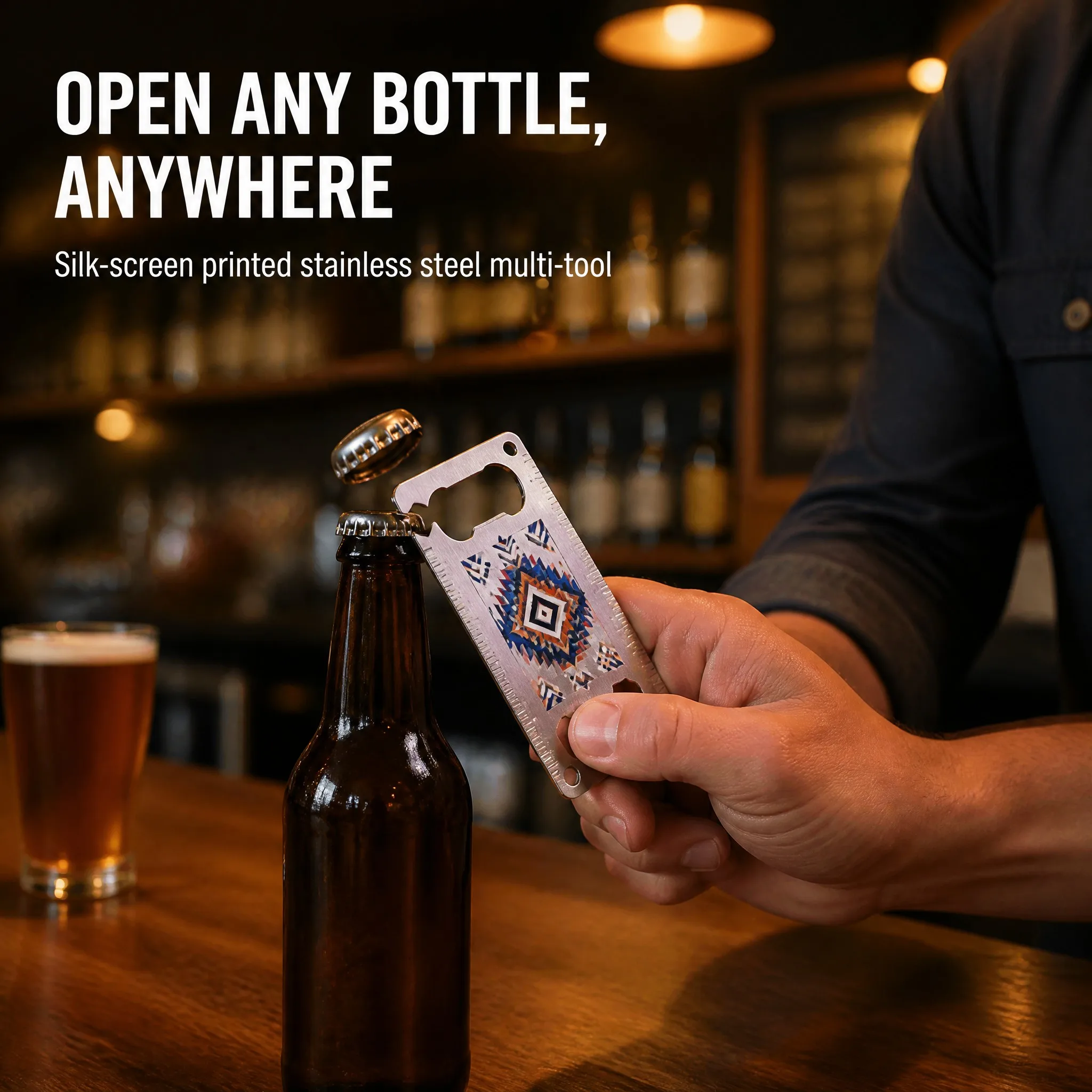 Using the silk screen printed bottle opener on a beer bottle at a bar