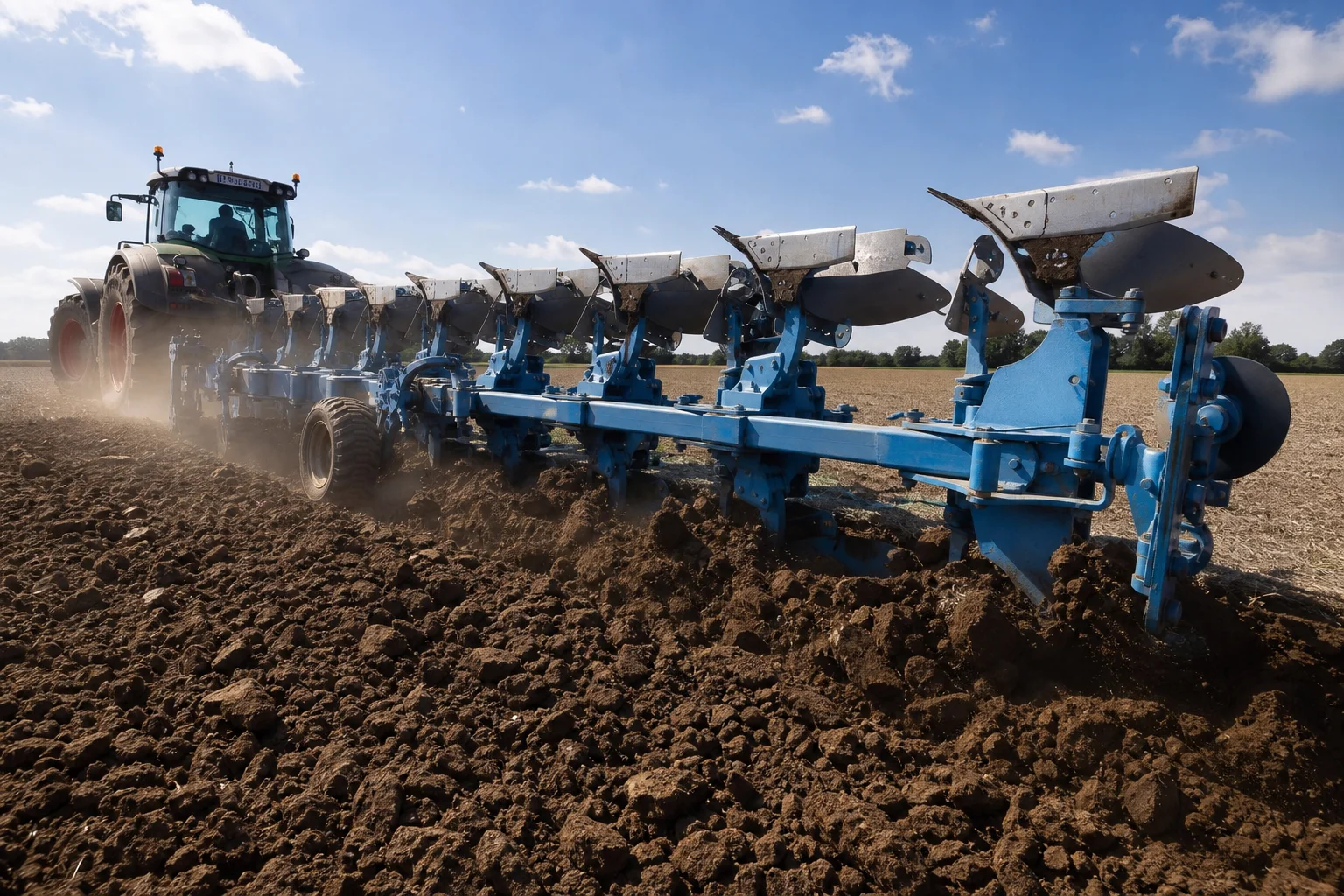 Heavy agricultural tractor pulling reversible plow through soil with cast steel wear points