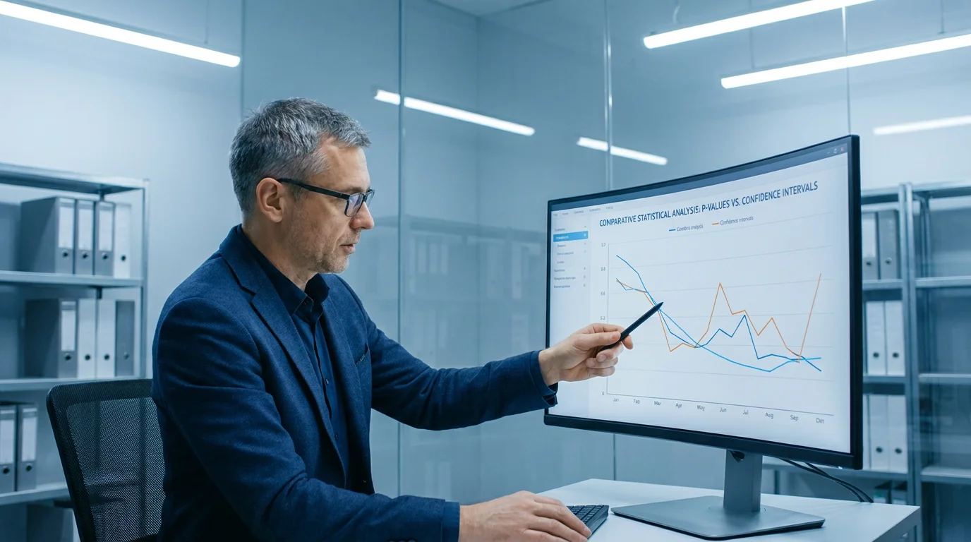 Researcher analyzing p-values and effect sizes on monitor
