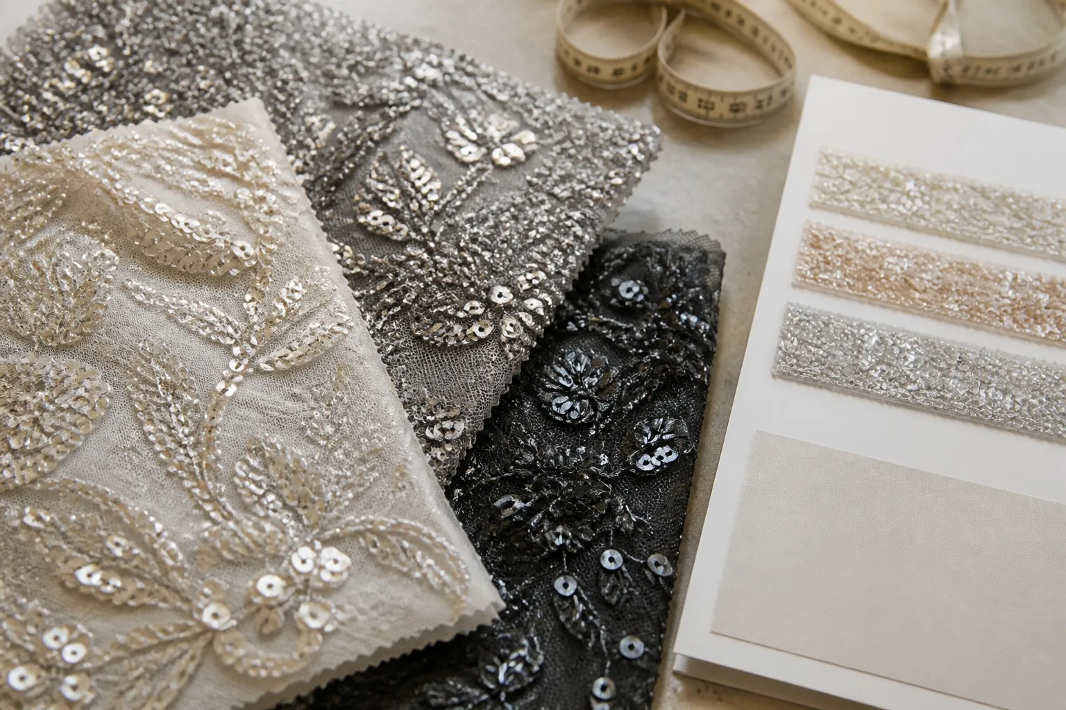 Embroidery and sequin fabric detail for B2B quality control
