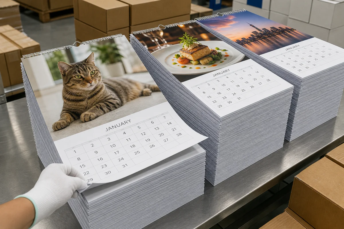Bulk Wall Calendar Order Ready for Packing Stacks of wall calendars with January date grids checked by a gloved hand