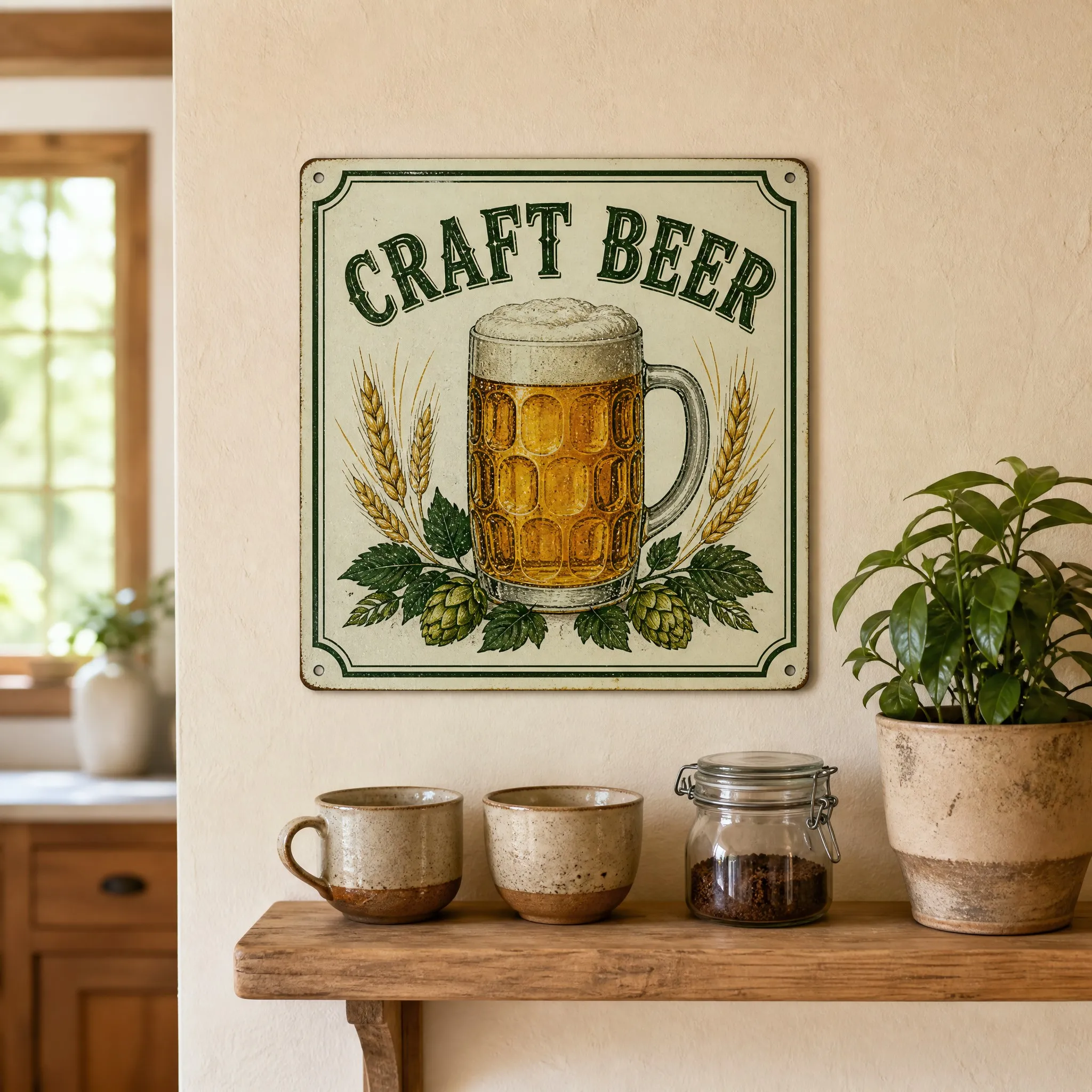 Glow in the dark beer sign in a rustic farmhouse kitchen coffee corner - Lifestyle