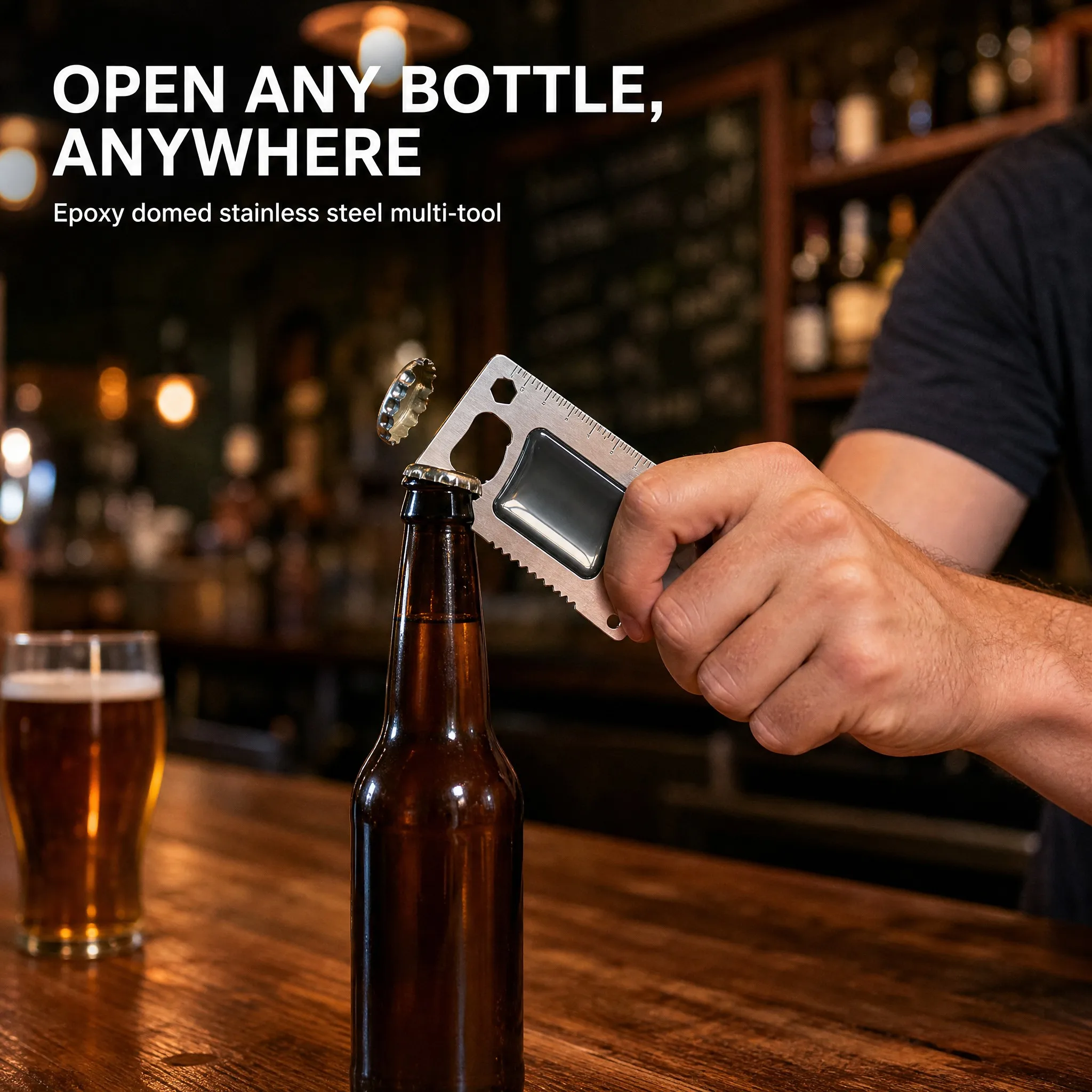 Using the epoxy domed bottle opener on a beer bottle at a bar