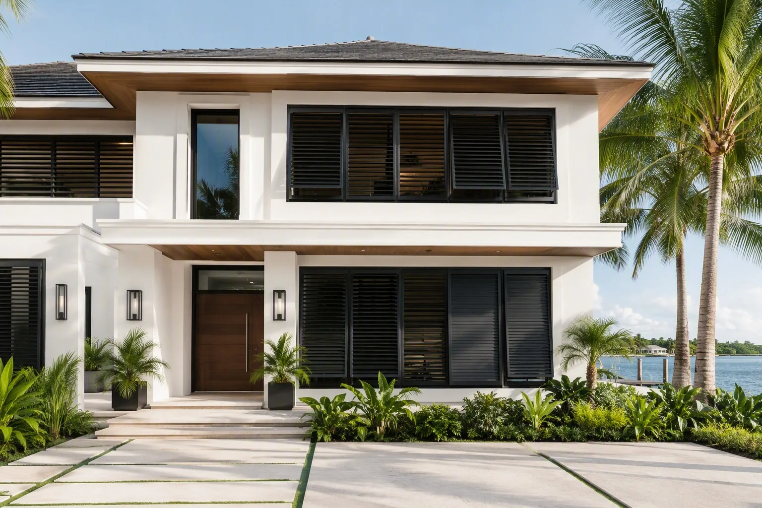 Luxury tropical villa with black aluminum shutter windows sun control privacy palm trees