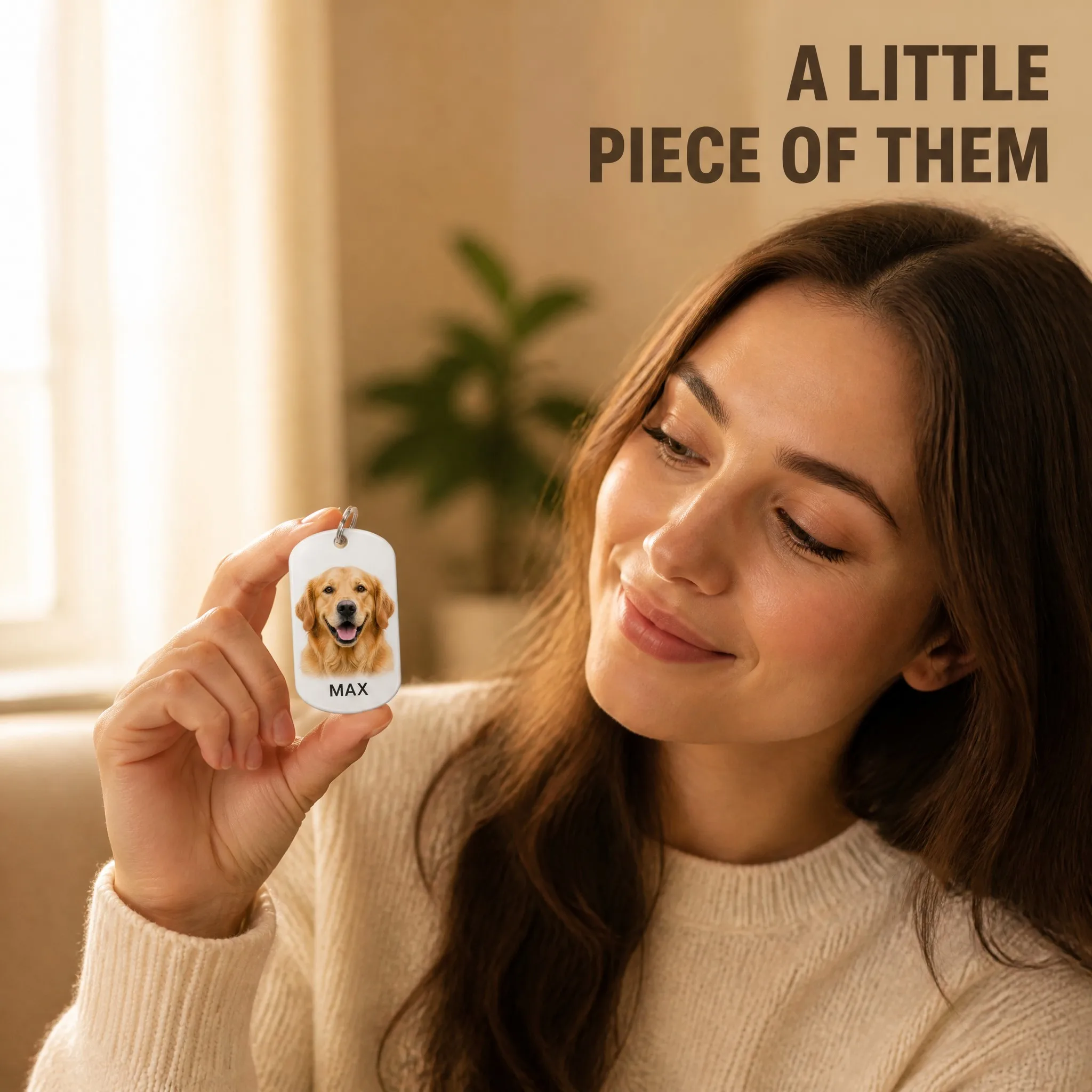 Young woman holding the photo dog tag - sentimental lifestyle