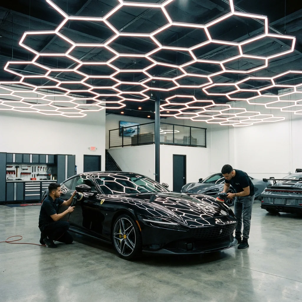Detailing Bay with Hexagon LED Grid Lights