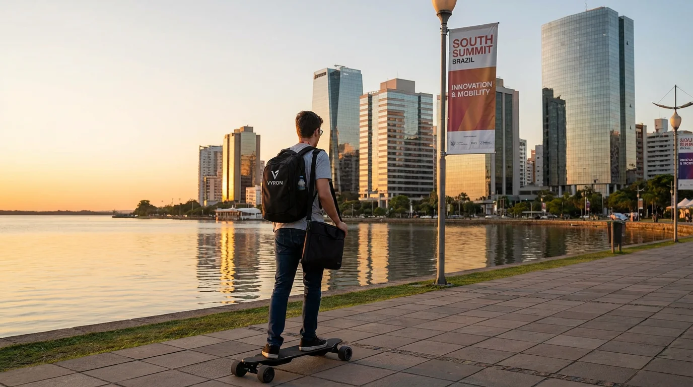 Jovem profissional em skate elétrico VYRON na orla do Guaíba em Porto Alegre ao entardecer