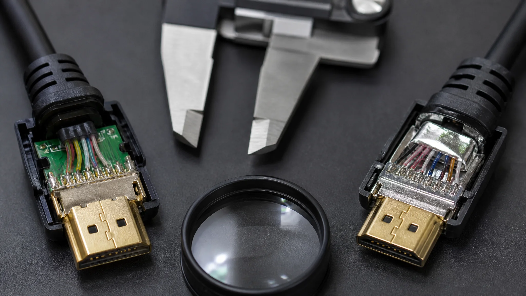 Two HDMI cable samples side by side with an opened connector and a caliper