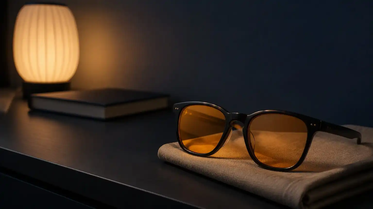 Sleep glasses with warm amber lenses on a bedside table during an evening routine