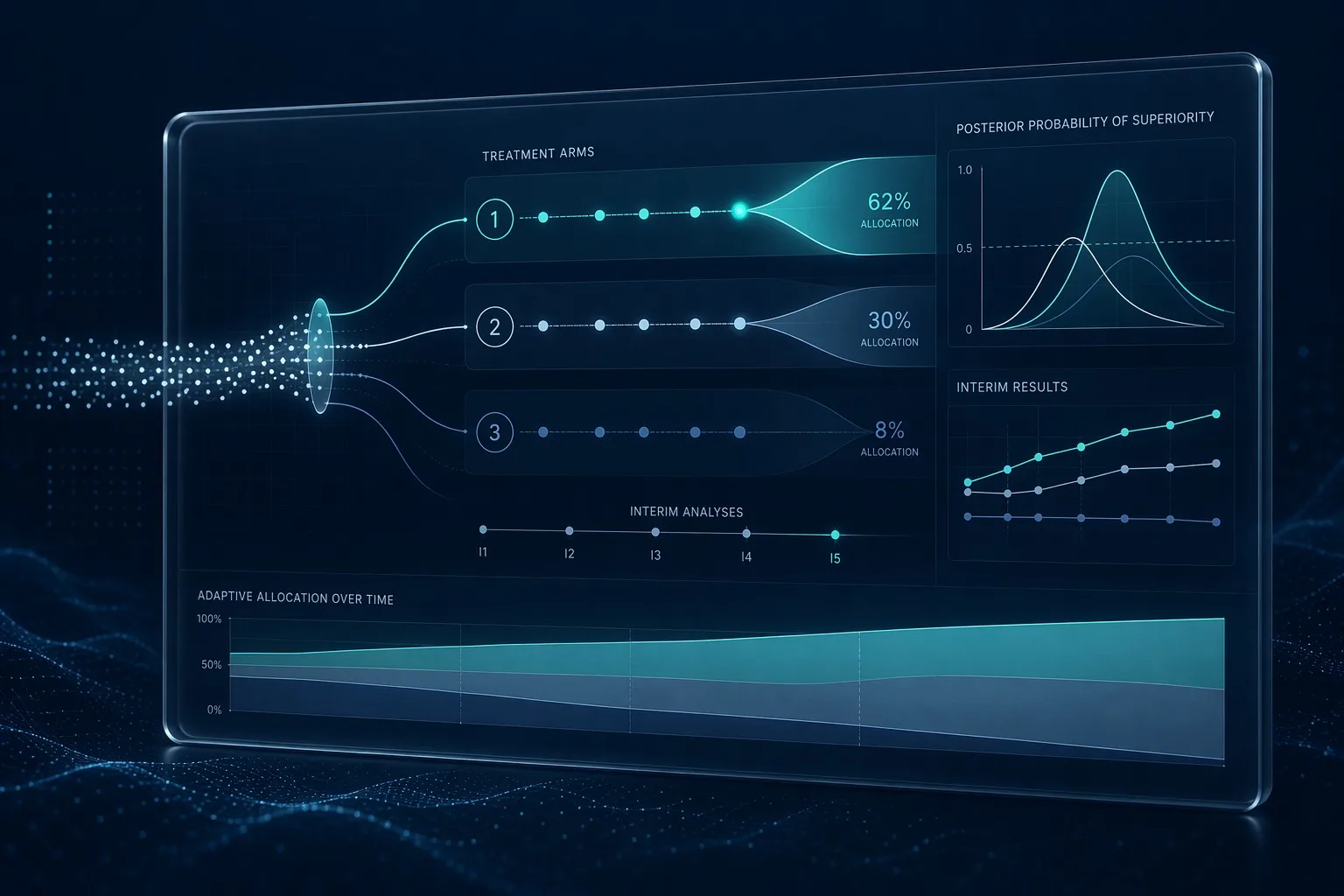 Glass dashboard visualizing Bayesian adaptive trial pathways and posterior probabilities