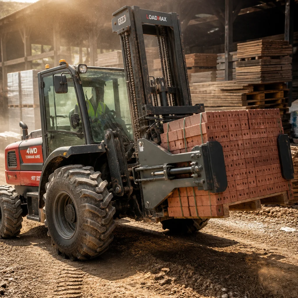 4WD rough terrain forklift equipped with specialized hydraulic side-shifter handling construction bricks