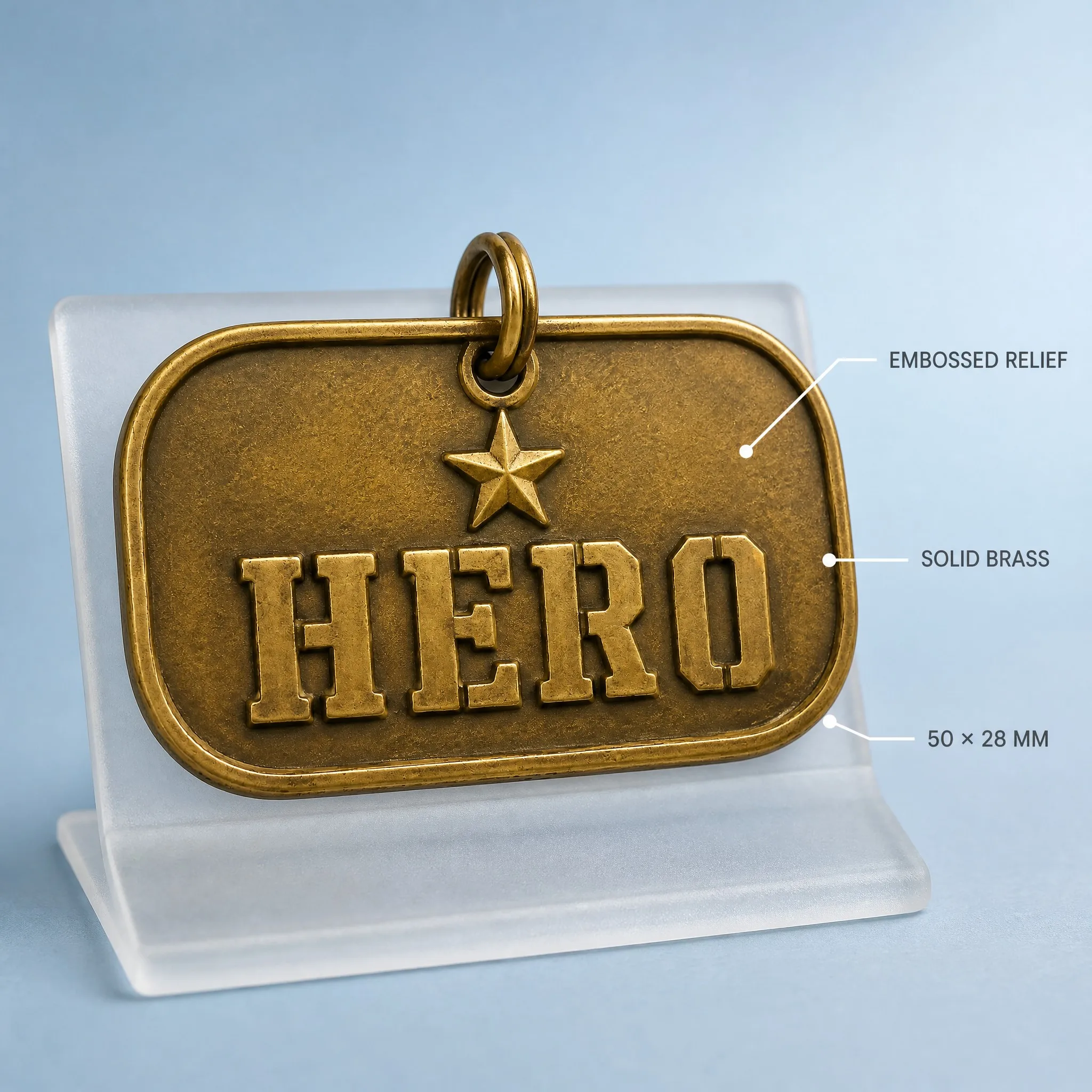 Macro detail of raised embossed relief on solid brass dog tag