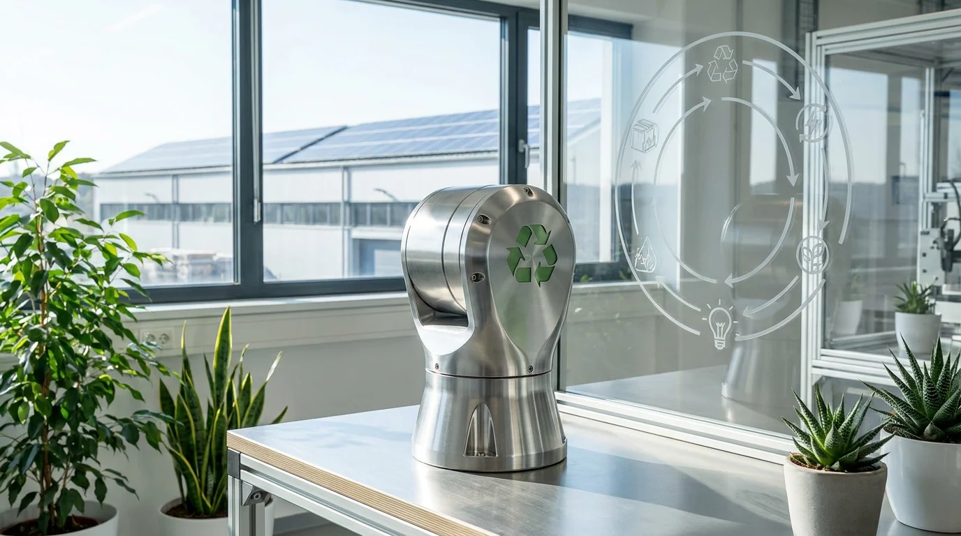 Silver robot joint module with recycling-inspired visual elements, sustainable factory with solar panels visible through window