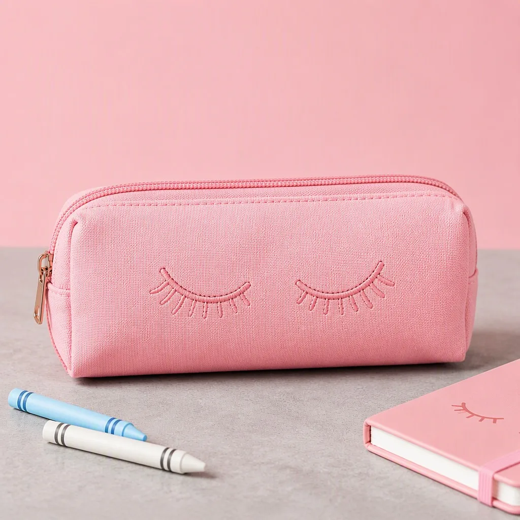 Pink canvas pencil pouch with embroidered eyelashes and rose gold zipper - 2K product photo