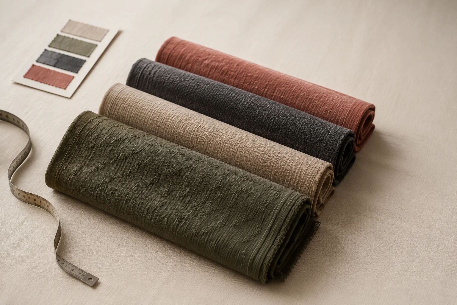 Monochrome textured modal hijab swatches arranged on a textile inspection table