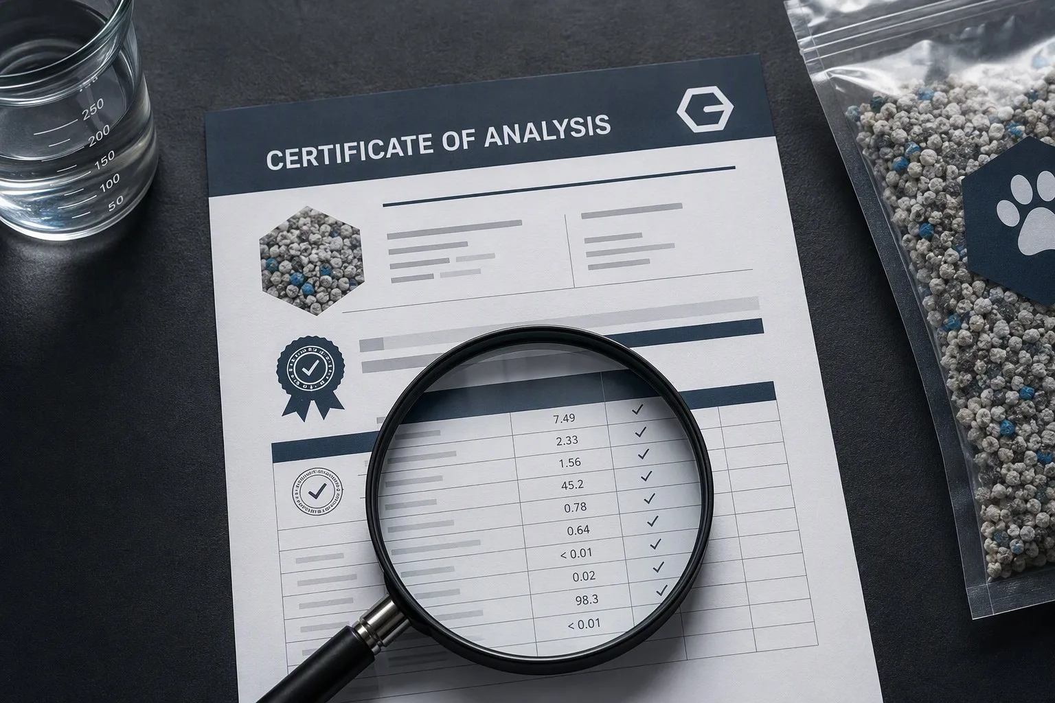 Certificate of Analysis document with magnifying glass - cat litter COA guide for importers