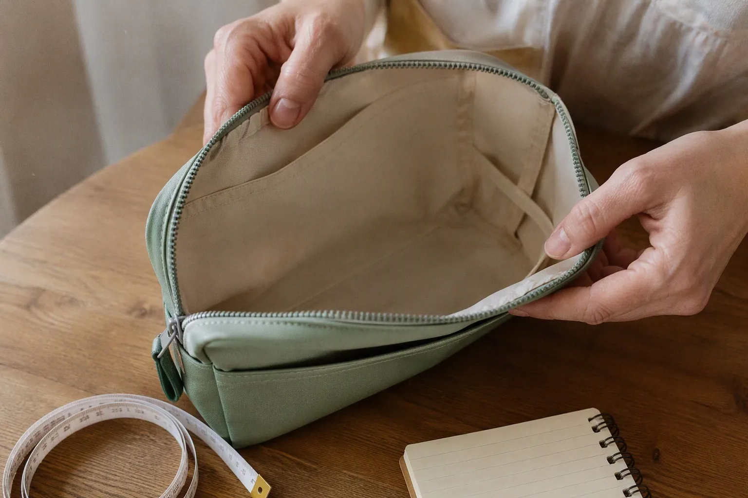 Hands inspecting the interior lining and stitching of an open sage green cosmetic bag