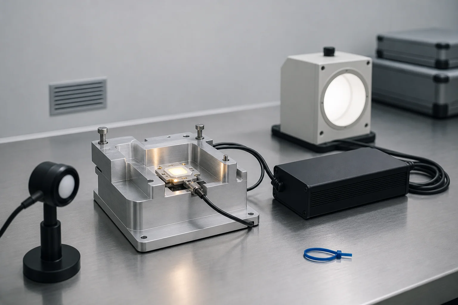 LED module clamped in a laboratory test fixture beside its driver and a light meter