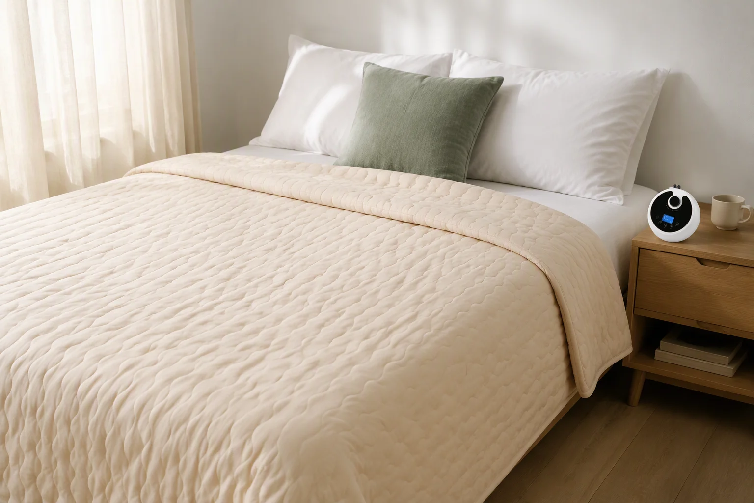 Cream water-heated blanket spread over a bed with the round controller on the nightstand in morning light