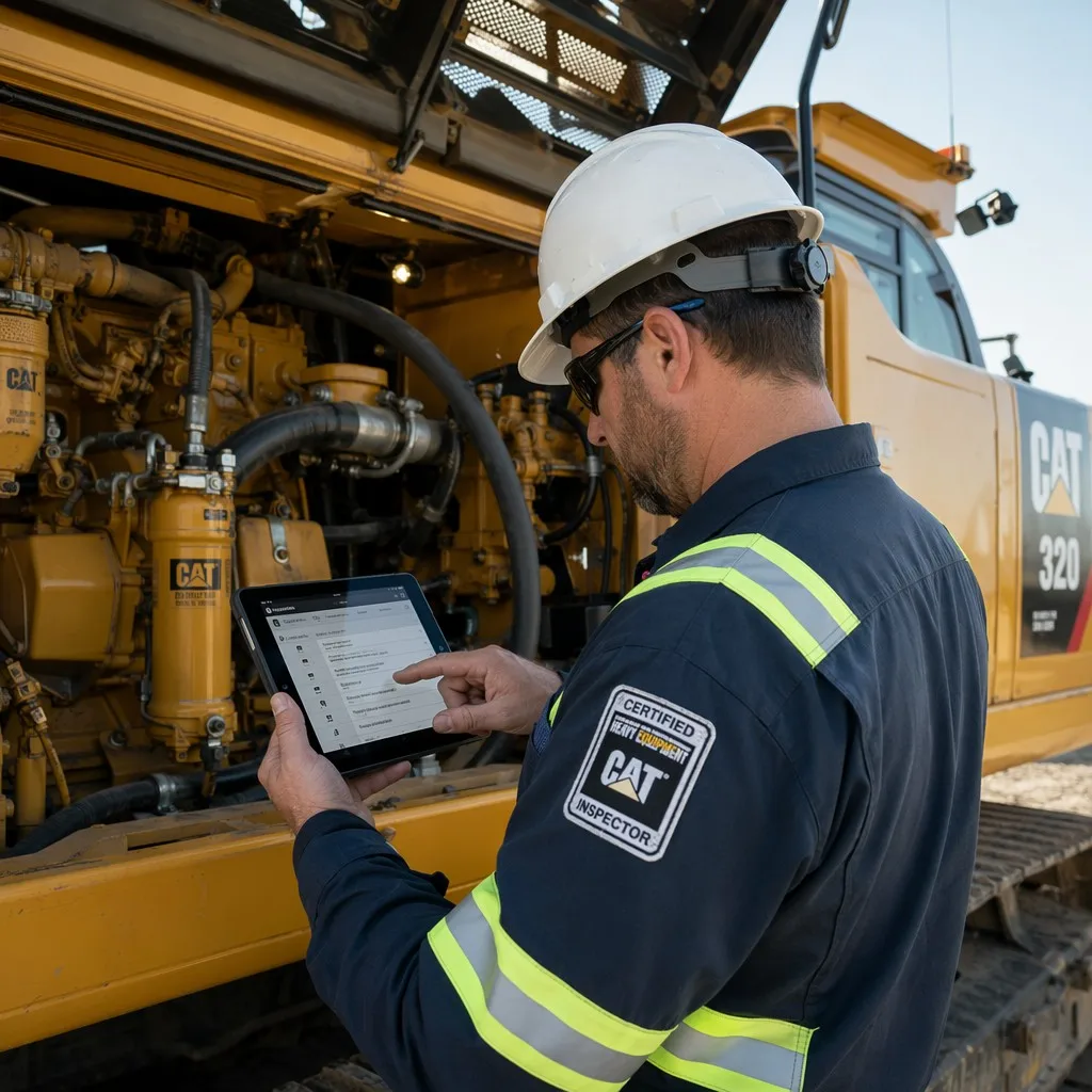 Technical inspector performing a 120-point audit on a Caterpillar 320