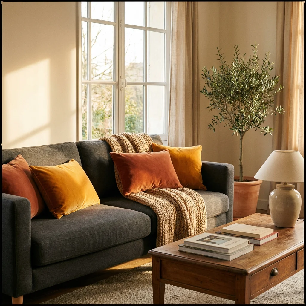 Canapé gris accessoirisé avec des coussins en velours ambre et terracotta Ambre & Volute
