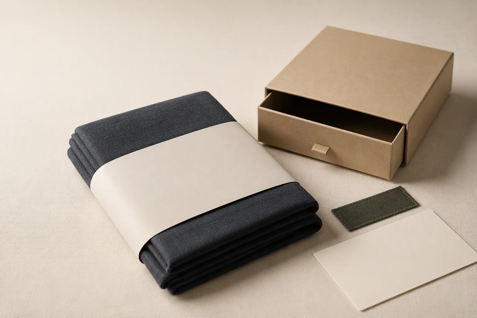 Private-label hijab packaging samples arranged on a factory quality inspection table