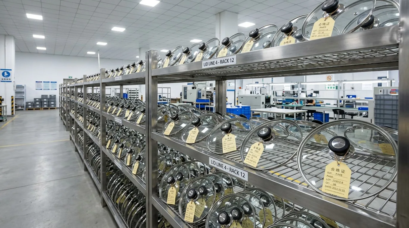 Tempered glass cookware lids on industrial shelving in a qualified Chinese manufacturing facility