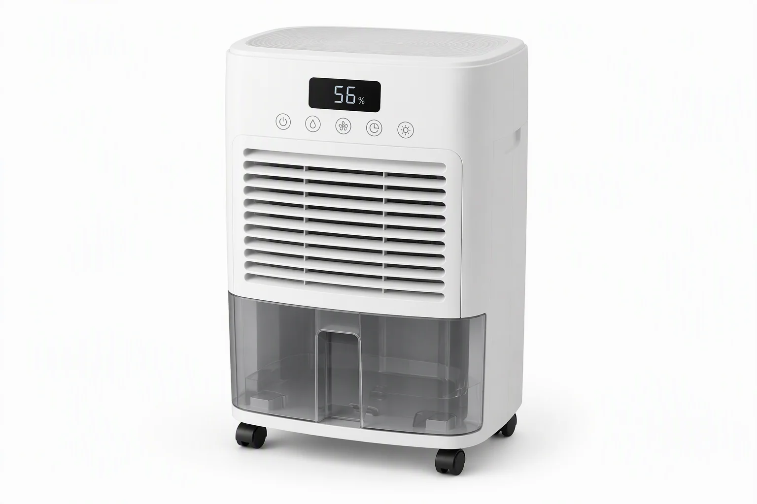 White compact dehumidifier with humidity display, front louver grille, water tank and casters